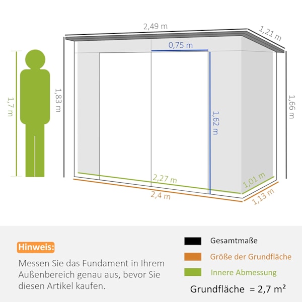Rootz Steel Garden Tool Shed - Opbevaringsskur - Udstyrshus - Sikker opbevaring - 249b x 121t x 166/183h cm