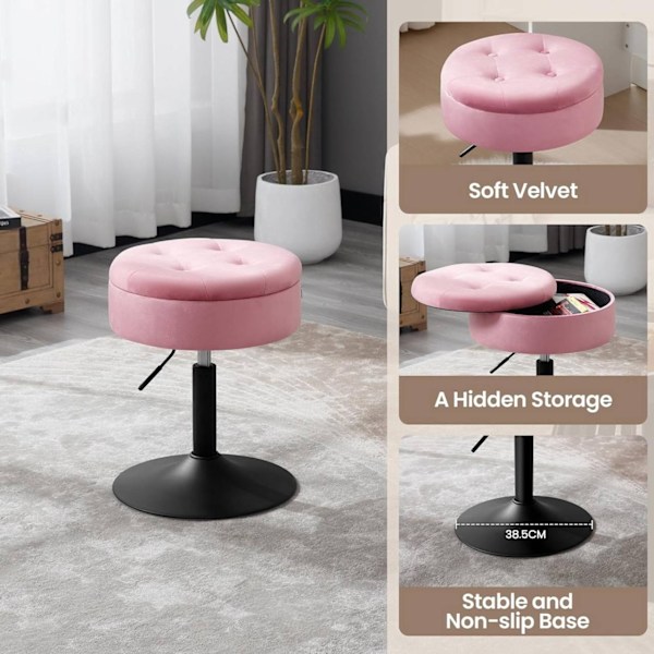 Rootz justerbar barpall i sammet - Bänkpall - Snurrstol - Slitstark metallram - Multifunktionell med förvaring - Modern design - 39,5 cm Sittdiameter,