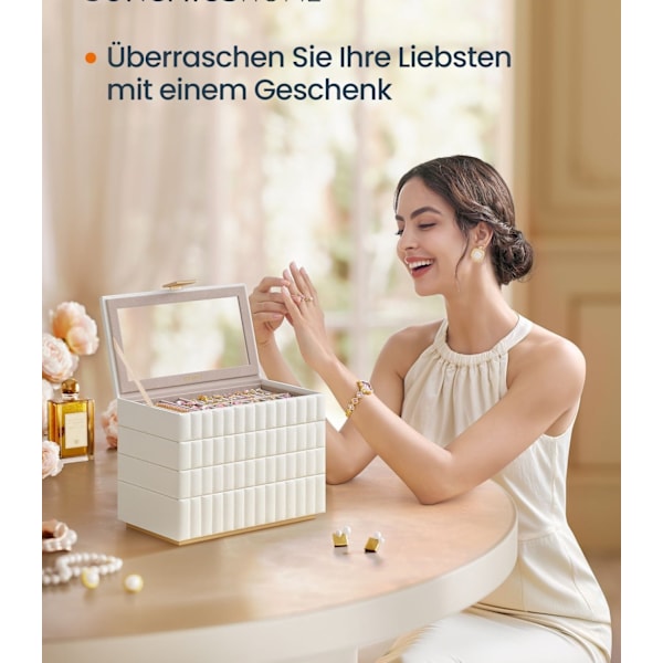 Rootz smyckeskrin med spegel - Organizerfodral - 4-vånings - Molnvit - 17 cm x 28 cm x 20,5 cm - PU syntetiskt läder - MDF - Modern stil
