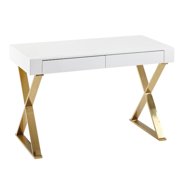Rootz skrivebord 118x76x57 cm træ højglans hvid metal ben gyldne - Design computer skrivebord PC skrivebord moderne kontor skrivebord - Konsol bordsku