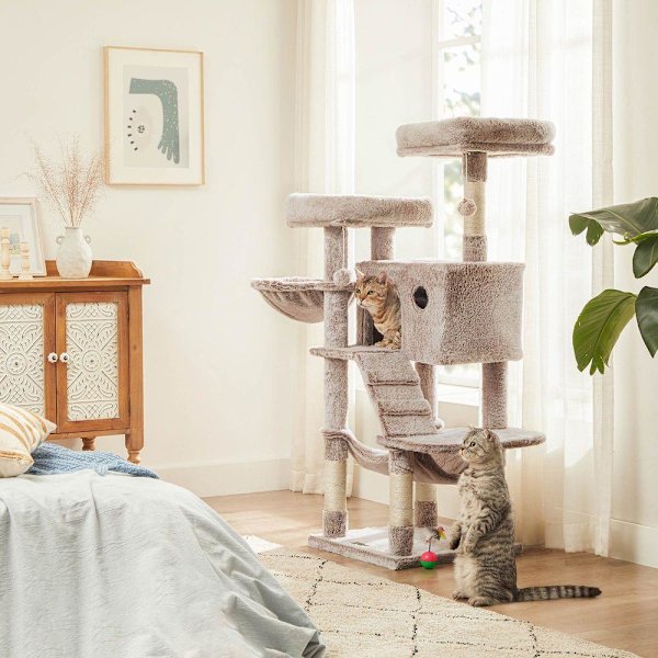Rootz Skrapstolpe - Kattträd - Katttorn - Kattskrapstolpe - Kattträd med mjukt skydd - Skrapstolpe med leksak - Ljusbrun - 49 x 49 x 135 cm