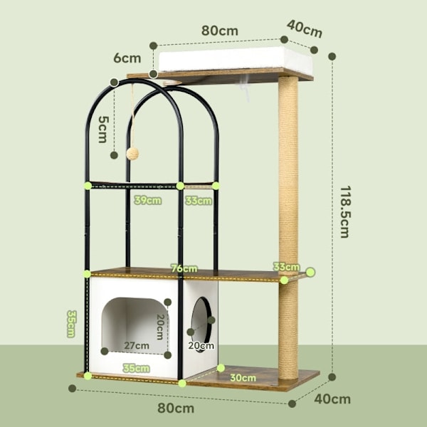 Rootz Cat Scratching Post Tree - Climbing Paradise - Cat House - Jute Rep Scratching Posts - Hängande lekboll - 80cm x 40cm x 118,5cm