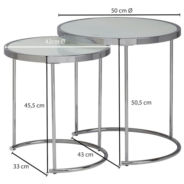 Rootz design sidebord rundt Ø 50-42 cm - 2 stk hvid sølv med glasplade - Stuebord sæt af 2 - Nesting bord mælkeglas - sofabord
