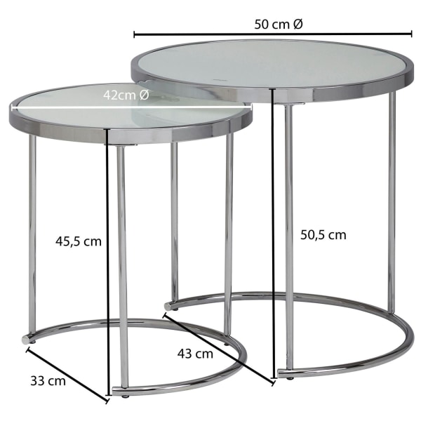 Rootz design sidobord runt Ø 50-42 cm - 2 st vit silver med glasskiva - Vardagsbord set om 2 - Nesting bord mjölkglas - soffbord