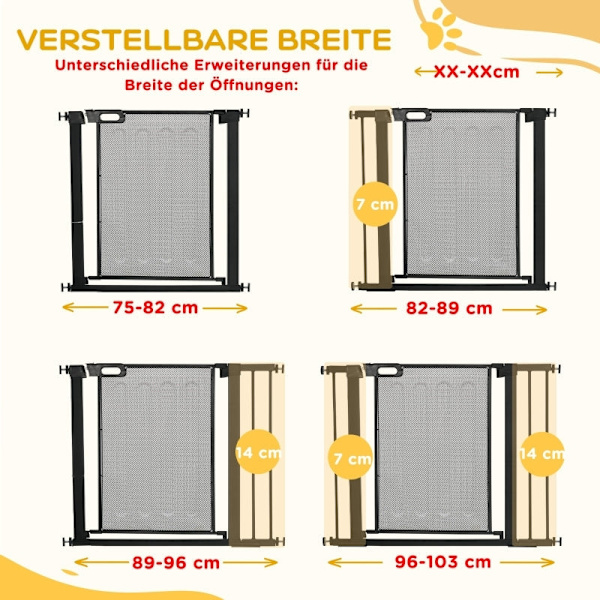 Rootz PawHut Justerbar Pet Gate - Trappeport - Hundebarriere - Automatisk lukning - Enhåndsbetjening - 75-103W x 76H cm - Stål og ABS