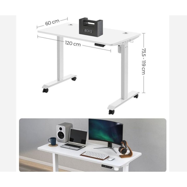 Rootz skrivbord - Elektriskt höjdjusterbart skrivbord - Elektriskt bord - Dubbelmotor - Spånskiva - Stål - Vit