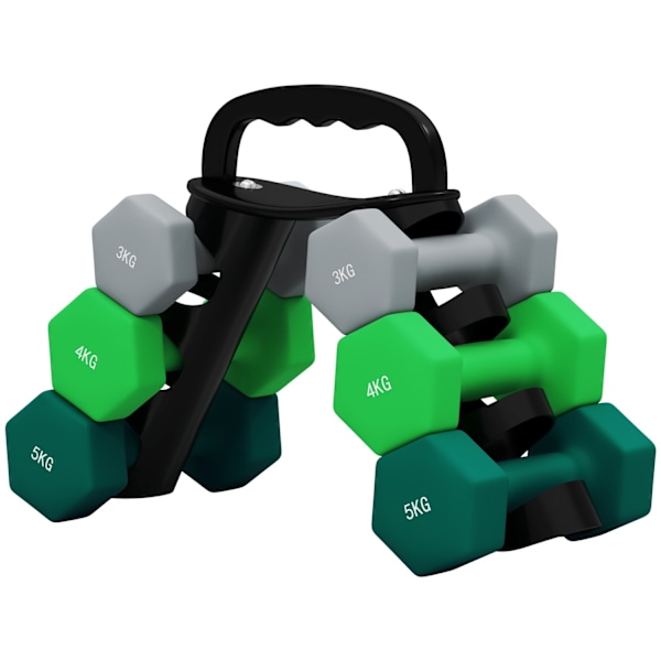 Rootz hanteluppsättning med rack - vikter - fitnessutrustning - hexagonal design - rymdbesparande - 3 kg till 5 kg - hantel 18x8x8cm, rack 42x10x30cm