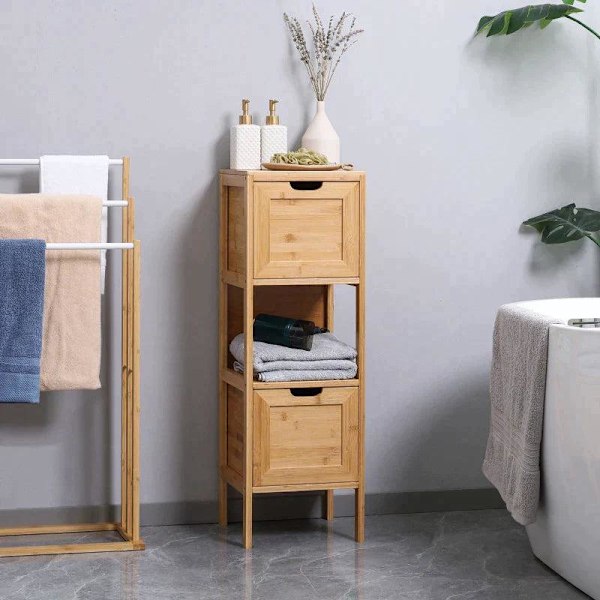 Rootz Badeværelsesskab - Bambus Badeværelsesskab - Badeværelseshylde - Badeværelses opbevaringsskab - 1 hylde 2 skuffer - Bambus - Natur - 30cm x 30cm