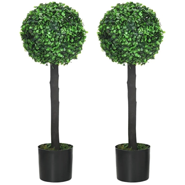 Rootz sæt med 2 kunstig buksbom - 2 buksbom - kunstige planter - udendørs - grøn + brun + sort - 20 cm x 20 cm x 60 cm
