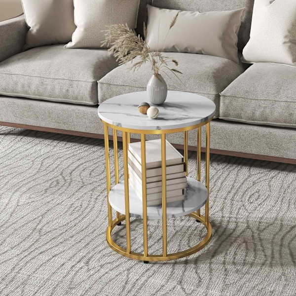 Rootz 2 -stykke sæt Round Side Bord - Sofaborde - Marmorudseende - Dobbelt lagerplads - Ø45 x 55H CM & Ø40 X 50,5 timer cm