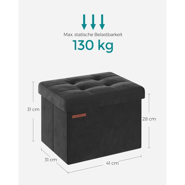 Rootz Velvet sædekiste - Opbevaring Ottoman - Polstret bænk - MDF konstruktion - 31 cm x 41 cm x 31 cm - Blæk sort - 32L Kapacitet