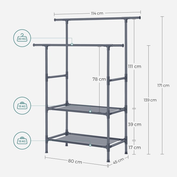 Rootz Grey Tøjstativ - Tøjstativ - Garderobeholder - Metalrør - Ikke-vævet stof - Plastforbindelser - 114 cm x 45 cm x 171 cm - 3 kg - 15 kg pr. hylde