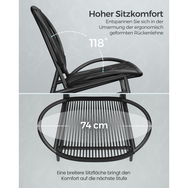 Rootz 3-delat set Utemöbler - Uteplatsset - Trädgårdsstolar - PE-material - Pulverlackerat stål - Stort bord - Lätt - Enkel montering - Bläcksvart - 6