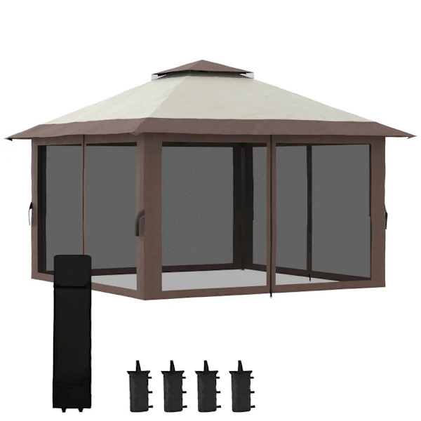 Rootz Folding Gazebo - Höjdjusterbar - 4 Meshväggar - Ventilationstak - Bärväska - Snabbmontering - Beige - 4 x 4 x 3 m