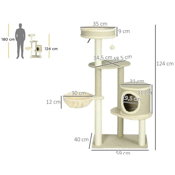 Rootz Kradsestolpe - Kattetræ - 1 Katteseng - 1 Kattehule - 2 liggeområder - Spånplade - Imiteret linned - Brun + Beige + Hvid - 124 cm x 59 cm x 40 c