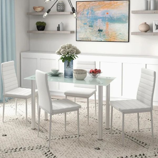 Rootz Dining Group - Matbord med 4 stolar - Modern design - Glasbord - konstläder - Vit - 120cm x 60cm x 97cm