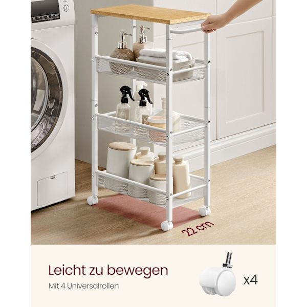 Rootz Eg Hvid spånplade stålvogn - Rullevogn - Opbevaringsorganer - Letvægts - Kompakt design - Nem montering - 22cm x 45,5cm x 77cm