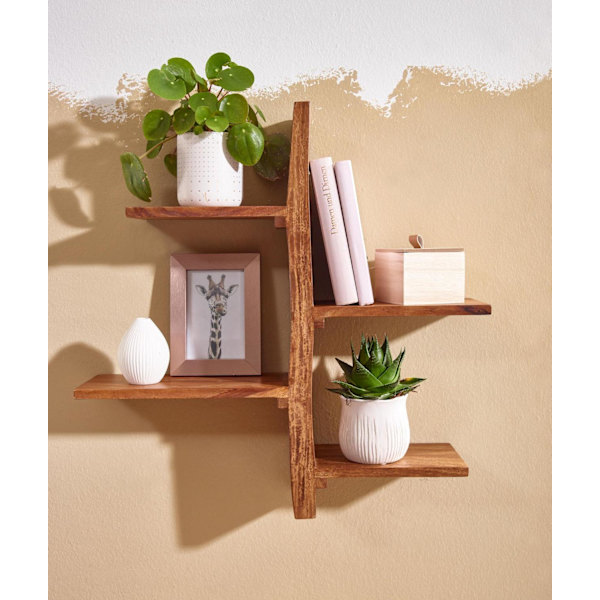 Rootz vägghylla 58x60x15 cm massiv sheesham trä trädform hängande hylla modern - Stor design flytande hylla - Hylla Hängande Vardagsrum - Bokhylla Väg