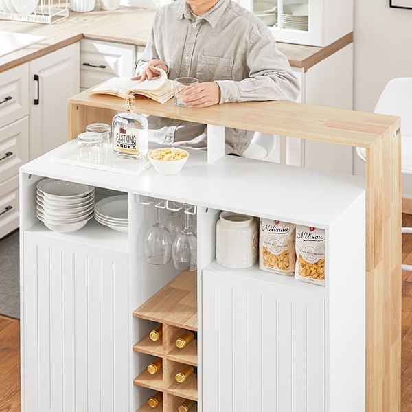 Rootz Kitchen Island - Baaripöytä - Senkki - Laajennettava muotoilu - Viinivarasto - Lasitelineet - Kumipuulevy - 105cm x 105cm x 60cm