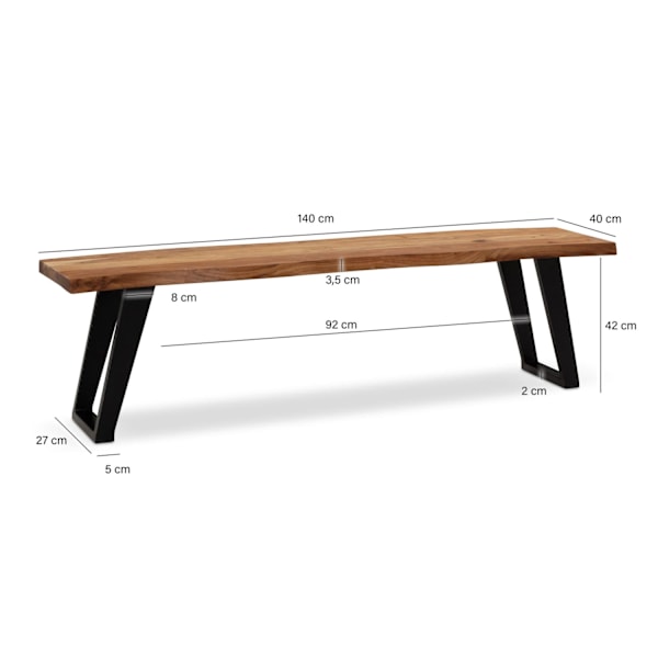 Rootz Modern Dining Room Bänk - Träbänk - Live Edge Bänk - Acacia Wood - U-formade metallben - 140cm x 40cm x 45,5cm