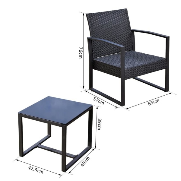 Rootz Havesæt - Siddegruppe - 2 Stole - 1 Bord - 3-delt - Hynder - Polyrattan - Sort