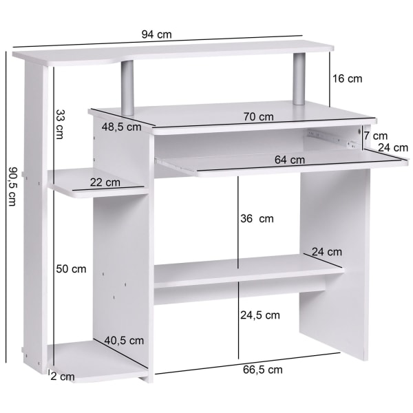 Rootz Modernt datorbord med PC-hylla - Hemmakontor - Tidlös design - Utdragbar tangentbord - Vit - 94 cm x 90,5 cm x 48,5 cm - Generös bänkskiva - Int