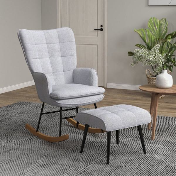 Rootz gyngestol med osmannisk - Scandi Design - Bøgetræ - Komfortabel polstring - Stilfuld - Holdbar - 64 cm x 89 cm x 90 cm - Grå