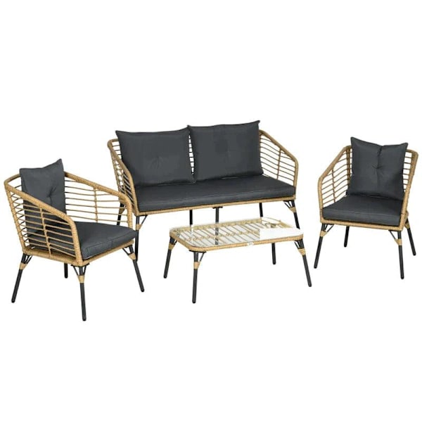 Rootz Havemøbelsæt - 4 dele rattanhavemøbler - Boho Style - Vejrbestandig - Aftagelige betræk - Naturlig + Mørkegrå - 131 cm x 63 cm x 76 cm