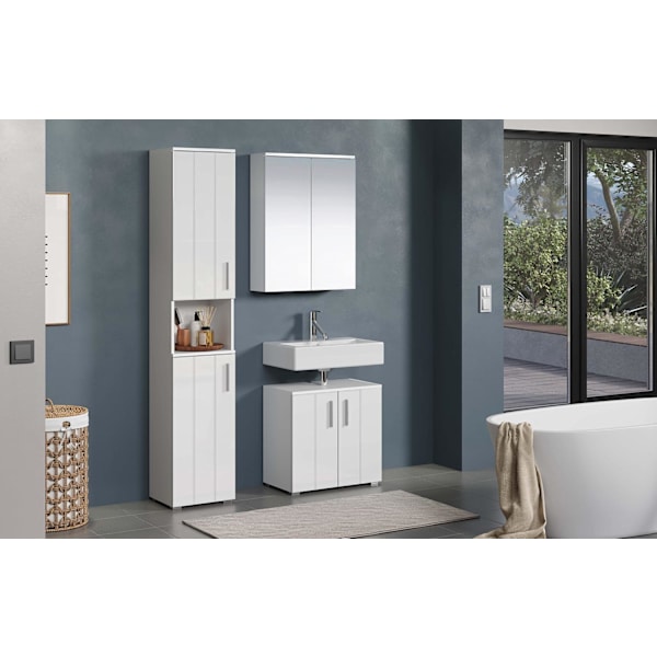 Rootz Mirror Cabinet - Reflective Storage - Wall Unit - Bathroom Organizer - Vanity Holder - Glossy Case - White High Gloss Finish - 60x78x18 cm