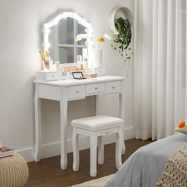 Rootz Toiletbordssæt - Make-upbord - Taburet - Spejl - Belysning - Opbevaringsboks - 6 rum - 5 skuffer - Hvid - Forarbejdet træ - 80 x 40 x 139 cm