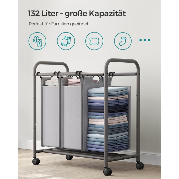 Rootz 2-pack tvättsorterare - Grå klädkorg - Rullande tvättvagn - Stålram - 77 cm x 41 cm x 81,5 cm