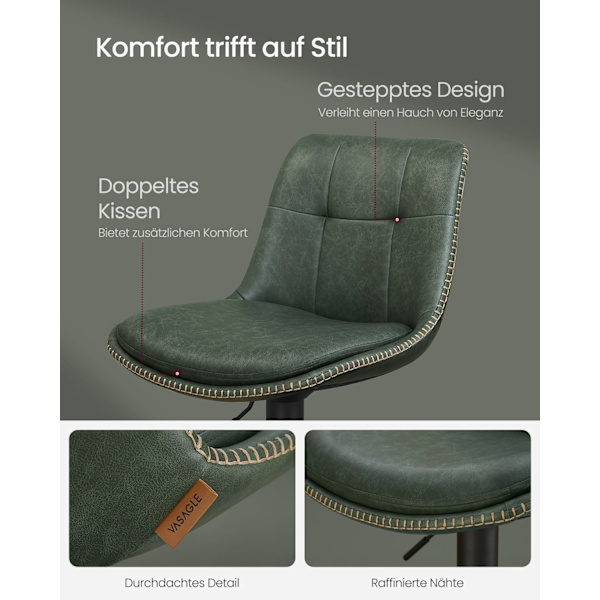 Rootz Forest Green PU Barstolar - Bänkstolar - Vridbara säten - Förkromat stål - Skumstoppning - Justerbar höjd - Ergonomisk design - 44cm x 48cm x (9