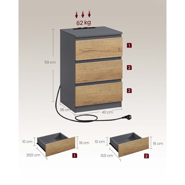 Rootz 2 -stykke sæt Bedside Table - Natbord - Slutbord - Opladestation - Grå, brun - 35 cm x 40 cm x 59 cm