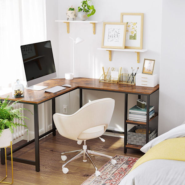 Rootz Industrial Computer Desk - Vintage toimistopöytä - L-muotoinen pöytä - Musta metallirunko - Tilaa säästävä - Säädettävät jalat - Runsaasti säily