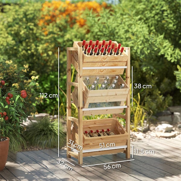 Rootz Beverage Crate Shelf - Träagringsstativ - 3 -Tier Box Organizer - Natural Spruce Wood - 56 x 32 x 112 cm - Perfekt för fester & BBQS