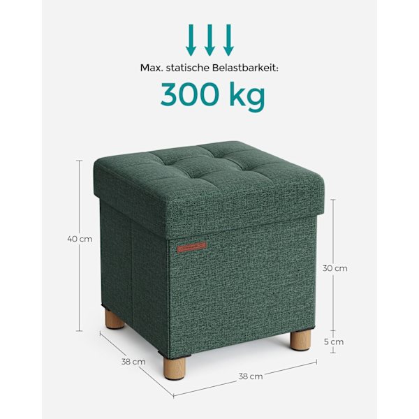 Rootz Vintage Green Seat Chest - Opbevaring Ottoman - Fodskammel - Imiteret linned - Skumpolstring - MDF-konstruktion - 38 cm x 38 cm x 40 cm - 3,5 kg