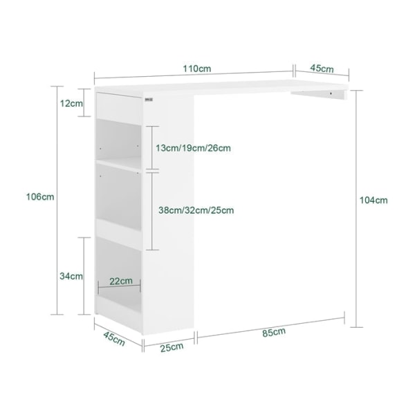 Rootz justerbart barbord - Matbord - Väggmonterat bord - MDF-konstruktion - Utrymmesbesparande design - Justerbar höjd - Enkel montering - Vit - 110cm