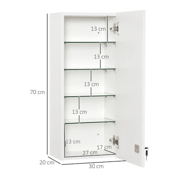Rootz Medicinskåp - Väggskåp - Justerbar hylla - Första hjälpen - Korslåsbar - Badrum - Kök - Hall - Vit - 30 x 20 x 70 cm