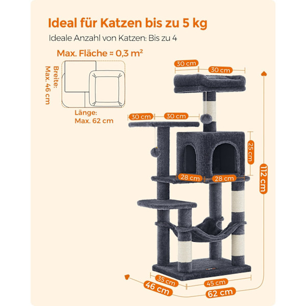 Rootz Cat-kradsestolpe - Kattetræ - Katteklatrestativ - Spånpladekonstruktion - 45 cm x 35 cm x 112 cm - Røggrå - Plysbetræk - Sisalreb - Robust desig