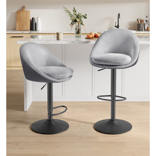 Rootz Set med 2 höjdjusterbara barstolar - Dove Grey & Ink Black - Sammet & PU-läder - Metallram - 52,5 cm x 50 cm x (97,5-108,5) cm