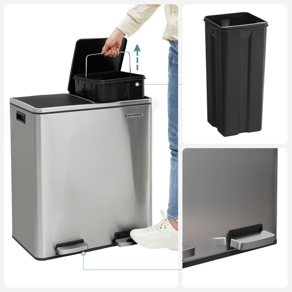 Rootz papperskorg - Soft Close-funktion - Idealisk avfallsbehållare - Badrumssopor - Perfekt design - Hög kvalitet - Innerhink - 60 liter - Rostfritt