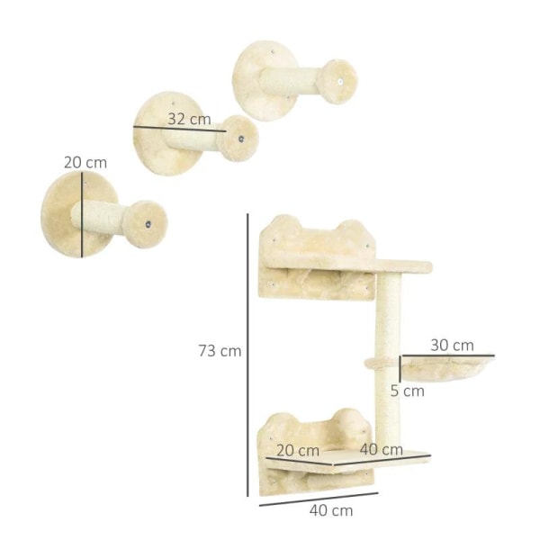 Rootz Klättersteg Set - Klättertrappor - Klättervägg - Katttrappa - 4-delad. Set - Med skrapstolpe - Beige/Gräddvit - 40 x 28 x 73 cm