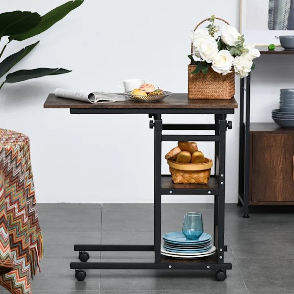 Rootz Sidebord - Sofabord med hjul - Højdejusterbart - Natbord med 2 nederste hylder - Sofabord - Spisestue - Stue - Metal - Brun - 80 x 40 x 72-82 cm