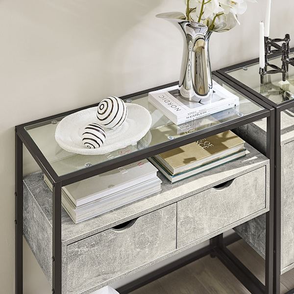 Rootz Modern Sideboard Konsolbord - Hallbord - Ljusgrå sidobord - Glasskiva - Rymlig förvaring - Robust design - Justerbara fötter - 81cm x 78cm x 35c