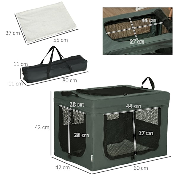 Rootz PawHut hopfällbar transportlåda - Reselåda för husdjur - Bärbar husdjursbärare - Enkel åtkomst - Bekväm inredning - Utmärkt ventilation - 60 cm