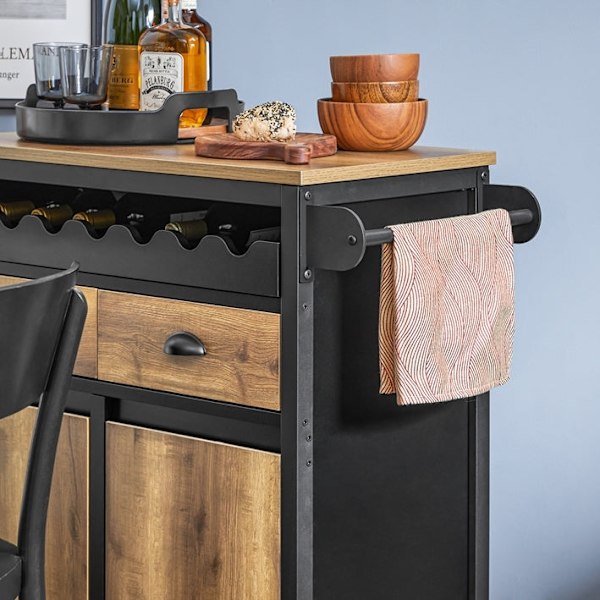 Rootz Kitchen Trolley Cart - Förvaringsvagn - Kitchen Island - MDF och metall - Handduks- och flaskställ - 89cm x 87cm x 40cm