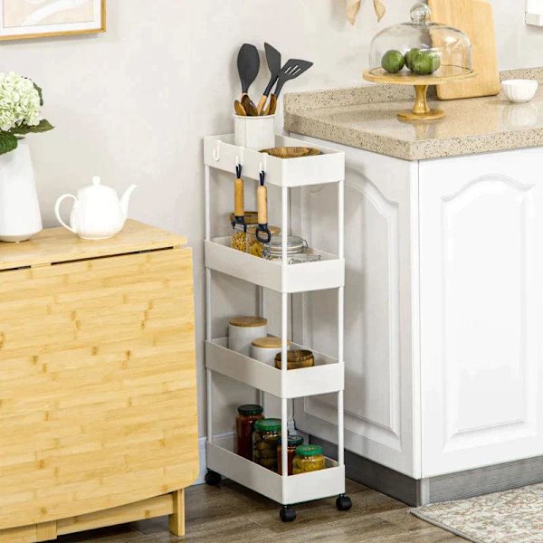 Rootz Køkkenvogn - Serveringsvogn - Køkkenvogn - Med 4 hylder - 3 fleksible kroge - 4 hjul - Hvid - 40cm x 19cm x 90cm