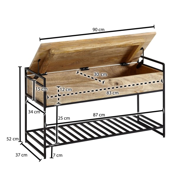 Rootz bänk med förvaringsutrymme 90x52x38 cm massivt mangoträ - metall korridorsbänk brun - Skobänk med sits Liten - Smal garderobsbänk med skoställ