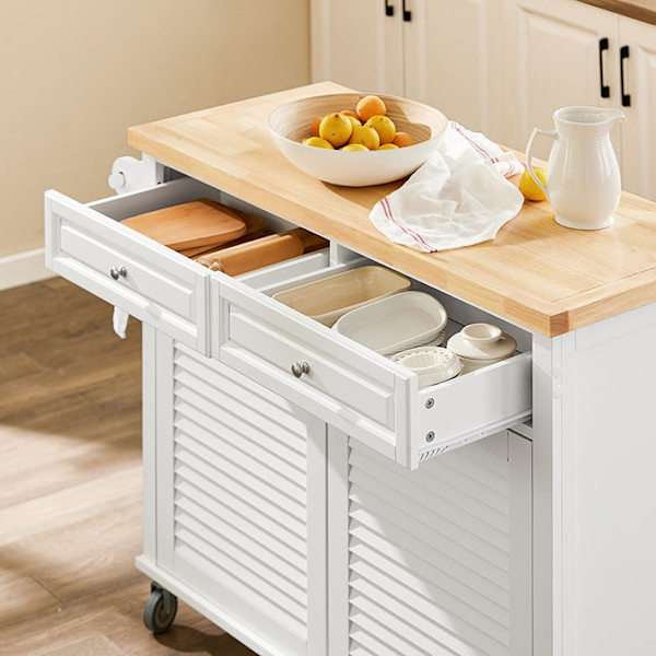 Rootz Kitchen Island Cart - Udvidelig bordplade - Køkkenvogn - Opbevaringsskab - Justerbare hylder - Håndklædeholder - Mobil med 5 hjul - Hvid - 115cm