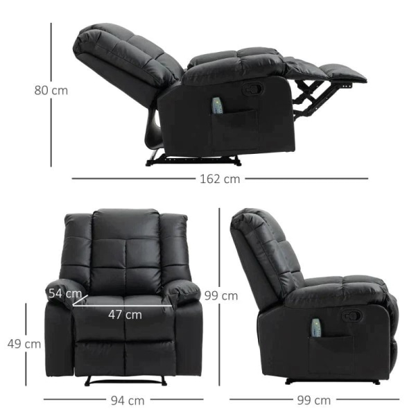 Rootz Massagestol - Afslapningsstol - 8 Vibrationspunkter - Liggefunktion - Imiteret læder - Sort - 94 x 99 x 99 cm